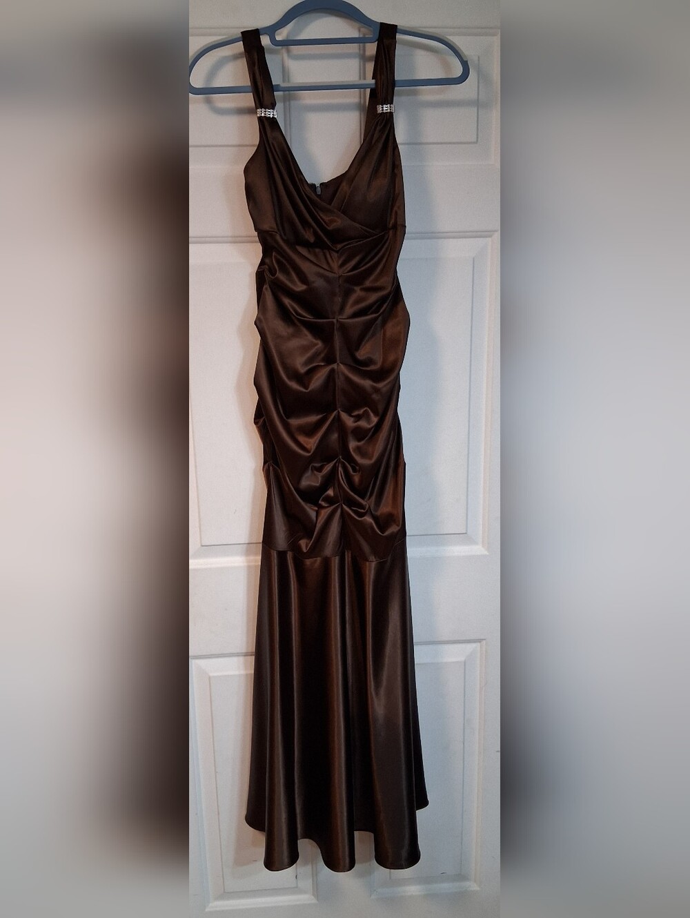 Xscape Joanna Chen Brown Satin Ruched Prom Party Dress Formal Evening Gown 8